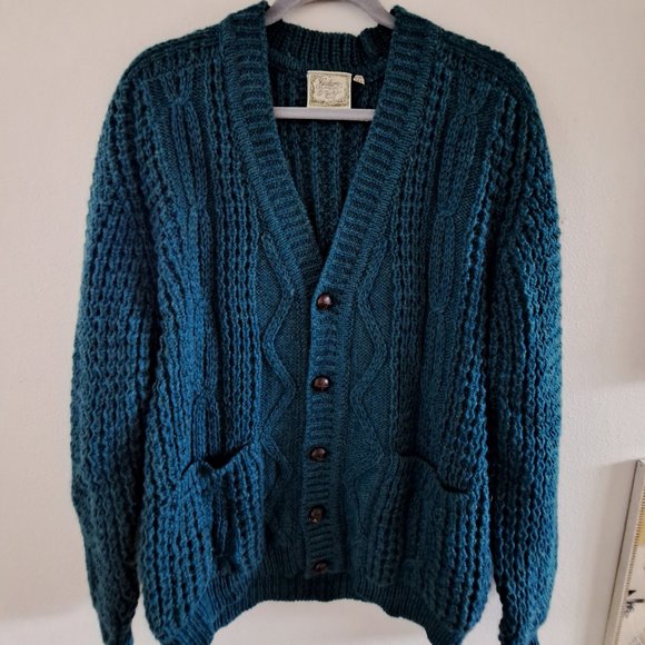 Men's Teal Cable Knit Cardigan - Picture 1 of 4